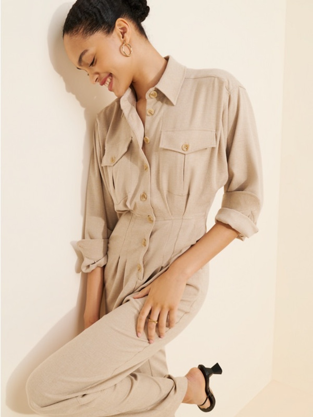Nuuly x Ronny Kobo Long Sleeve Beige Brila Utility Jumpsuit 80s Quiet Luxury